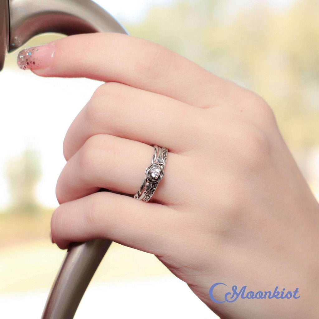 Dainty Three Ring Rose Stacking Wedding Ring Set | Moonkist Designs