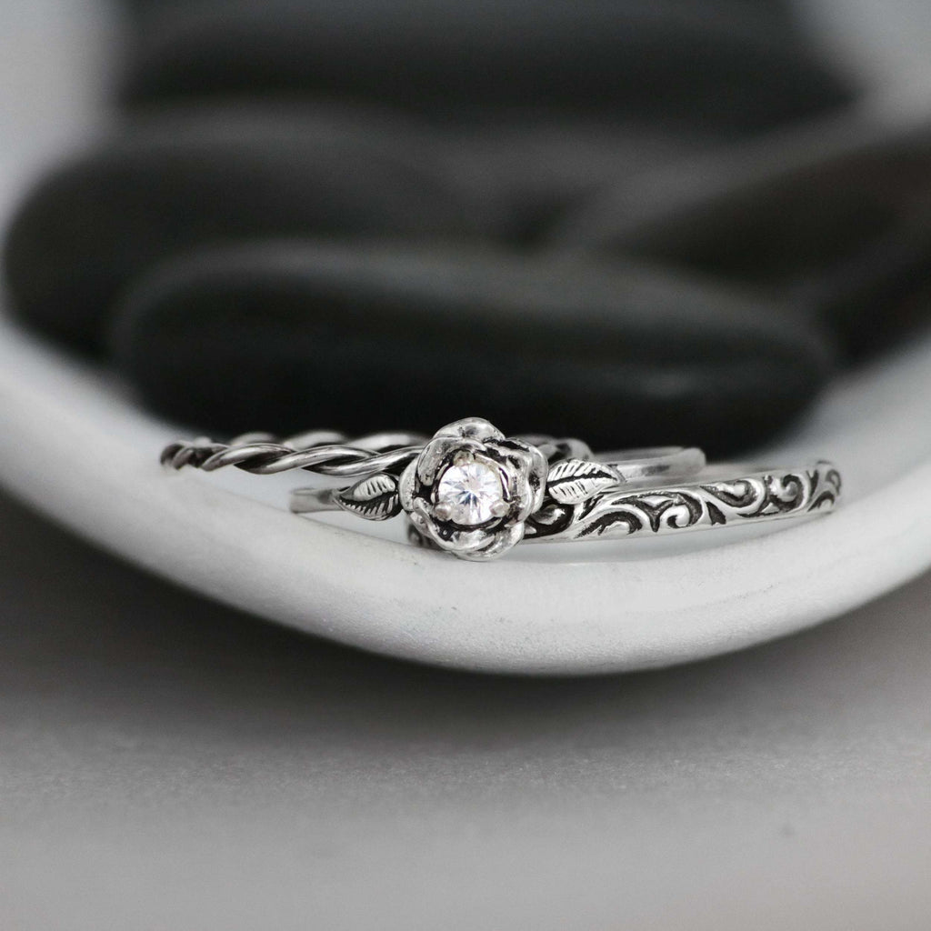 Dainty Three Ring Rose Stacking Wedding Ring Set | Moonkist Designs