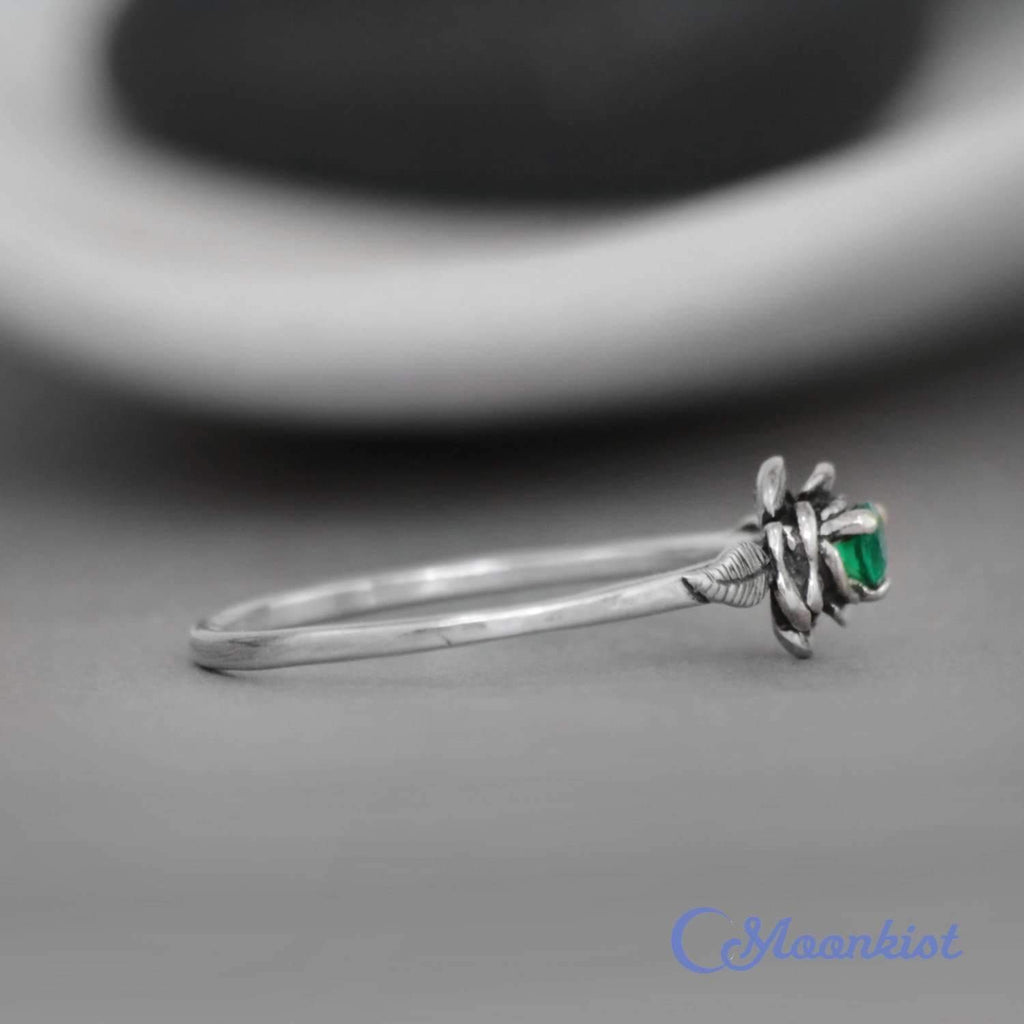 Emerald Rose Engagement Ring, Sterling Silver Flower Ring | Moonkist Designs