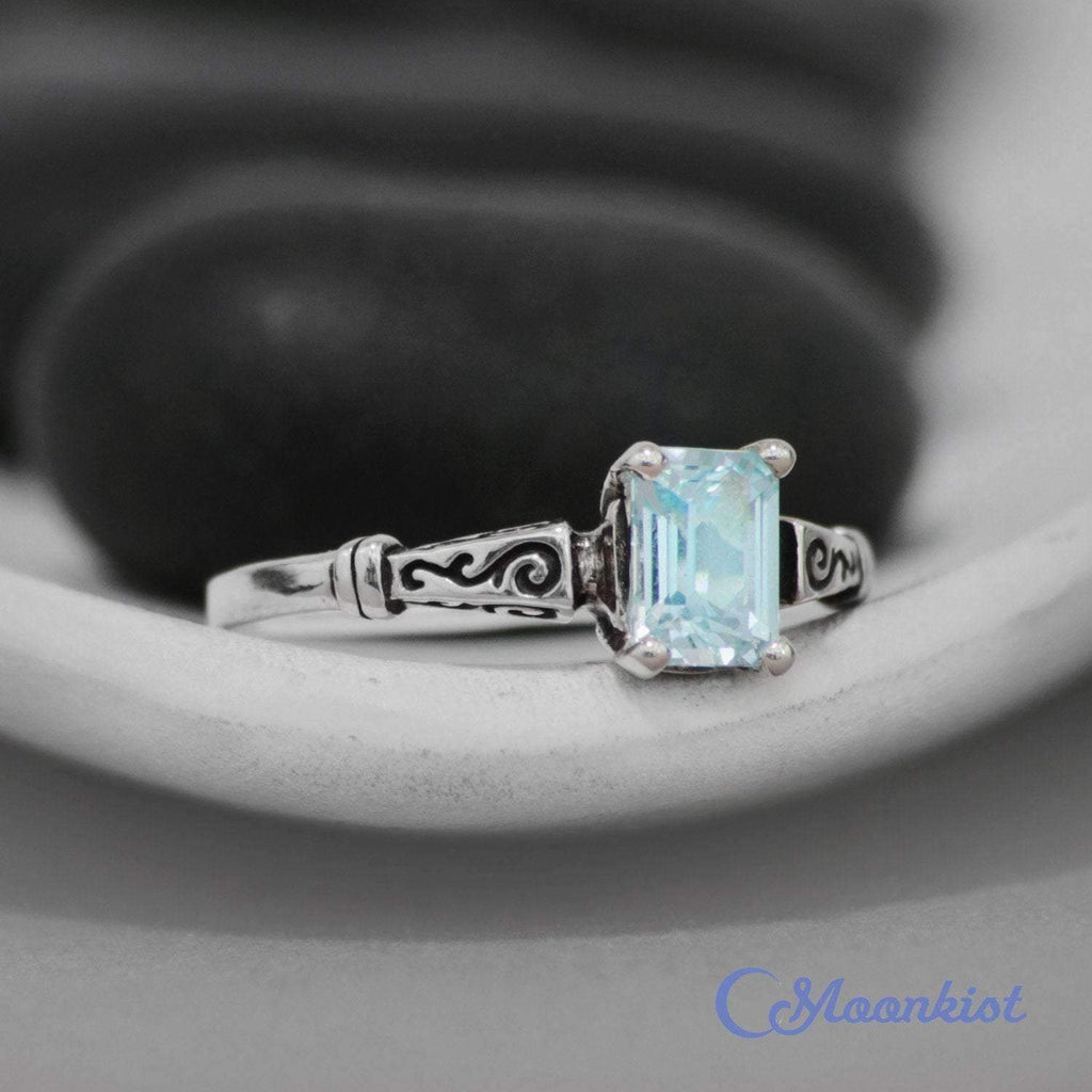Engraved Rectangular Blue Topaz Ring | Moonkist Designs
