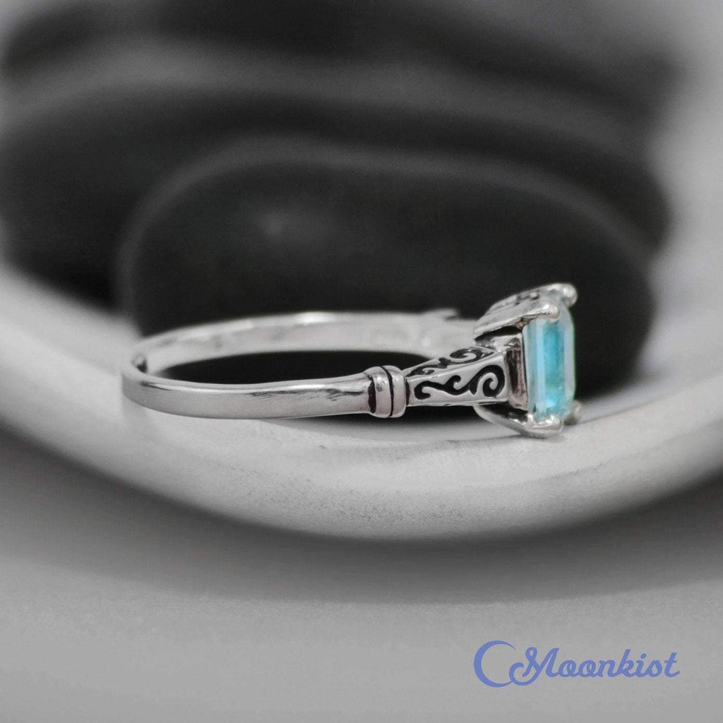 Engraved Rectangular Blue Topaz Ring | Moonkist Designs