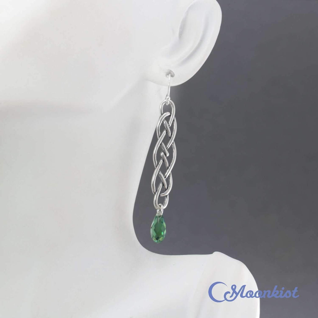 Long Silver Celtic Dangle Earrings with Green Crystals | Moonkist Designs