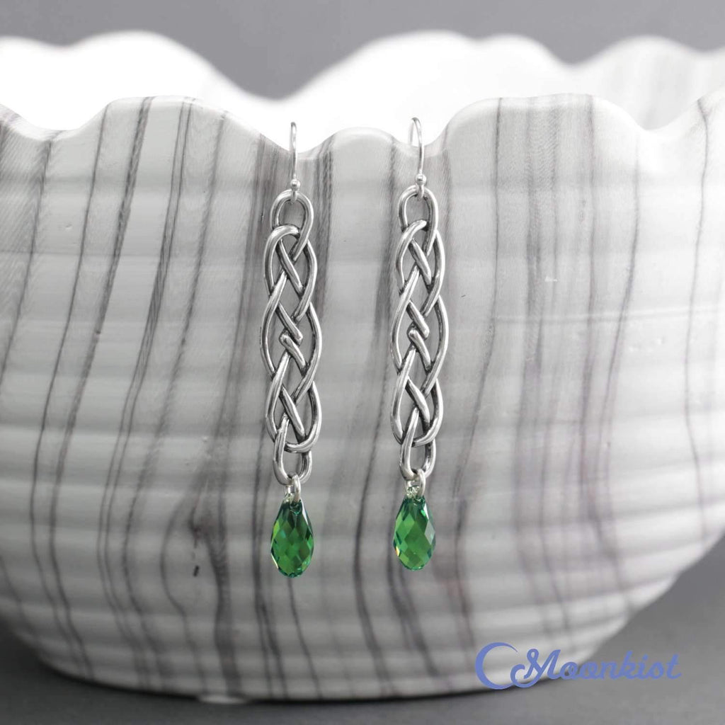 Long Silver Celtic Dangle Earrings with Green Crystals | Moonkist Designs