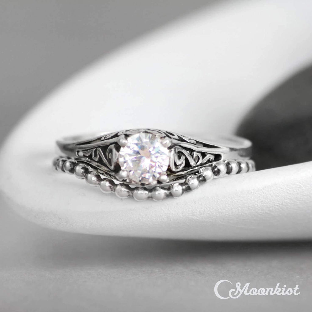 Modern Silver Curved Beaded Wedding Band | Moonkist Designs