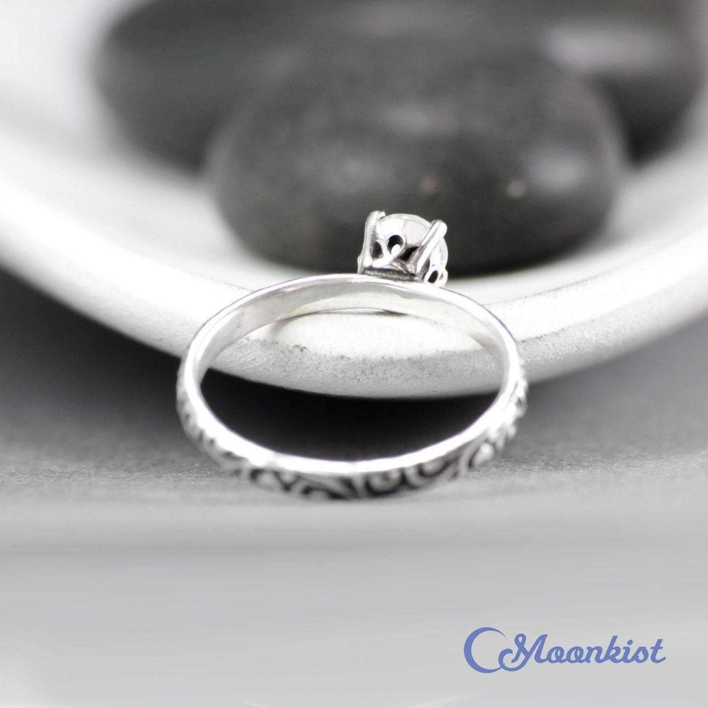 Natural Moonstone Engagement Ring with Swirl Engraved Band | Moonkist Designs