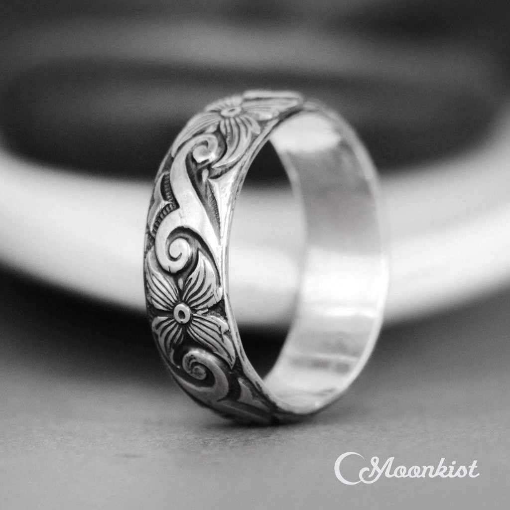 Nature Inspired Silver Wide Botanical Wedding Ring | Moonkist Designs