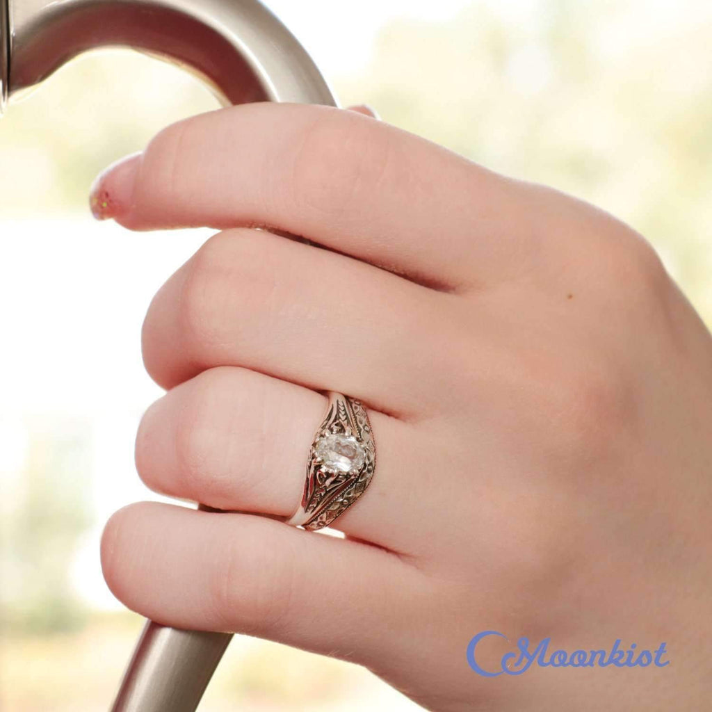 Oval Filigree Engagement Ring Set & Curved Wedding Band | Moonkist Designs