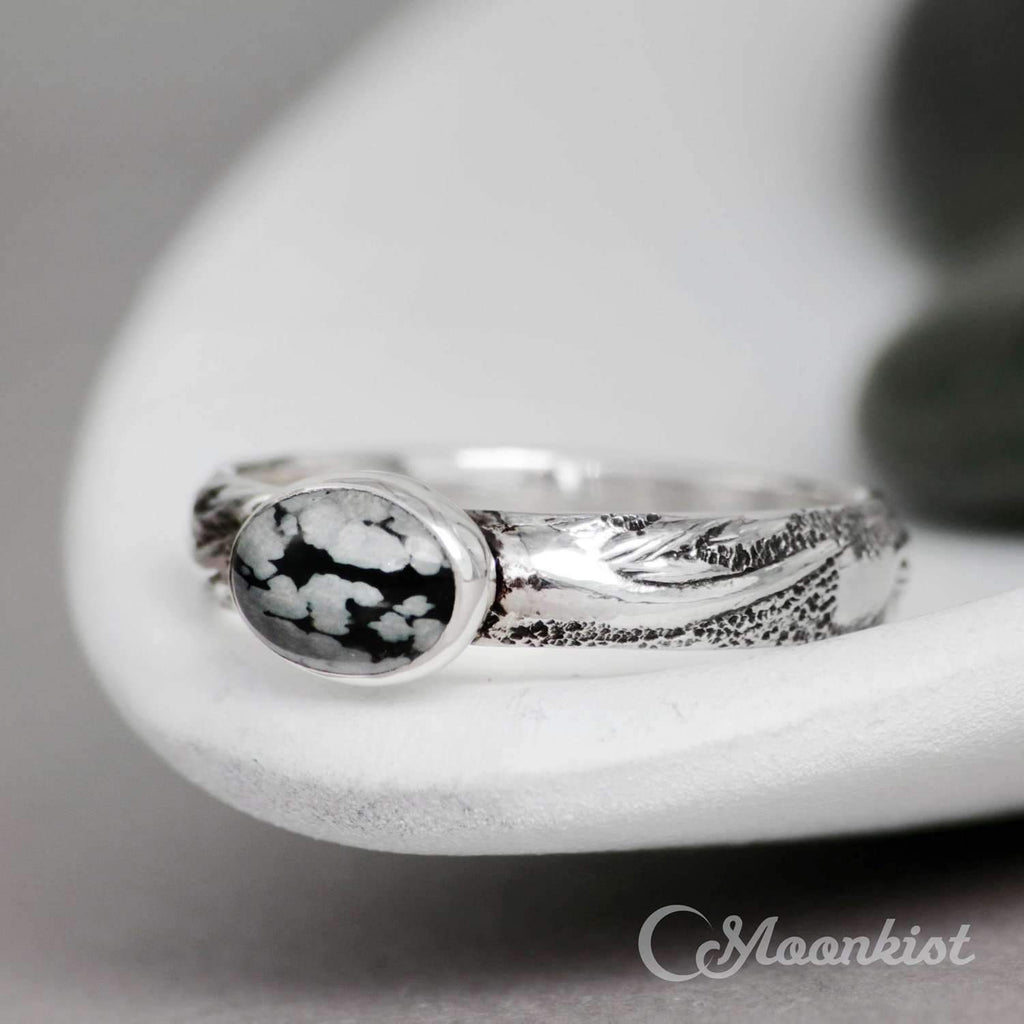 Silver Oval Snowflake Obsidian Laurel Leaf Ring | Moonkist Designs