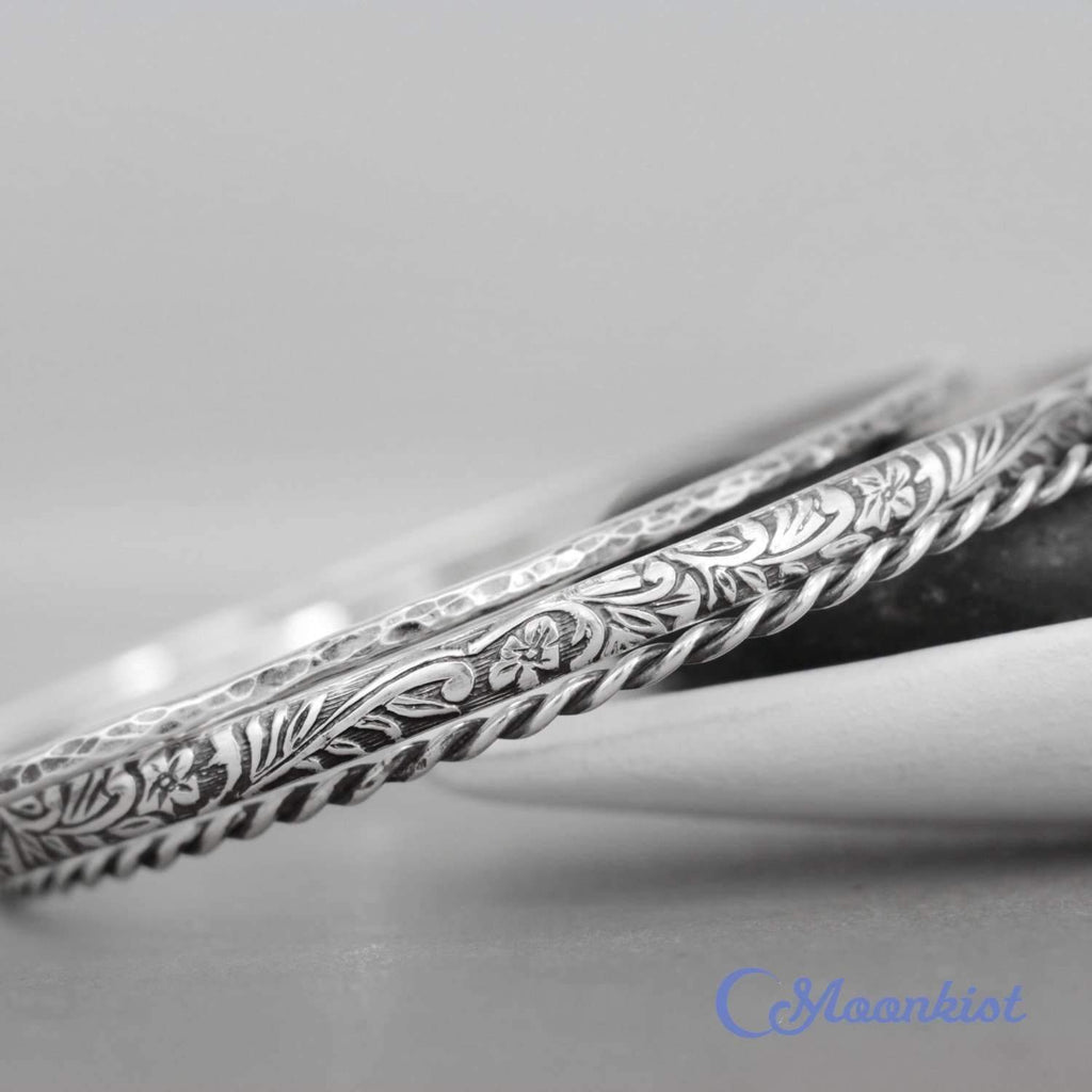 Silver Set of Three Floral Bangle Bracelets | Moonkist Designs