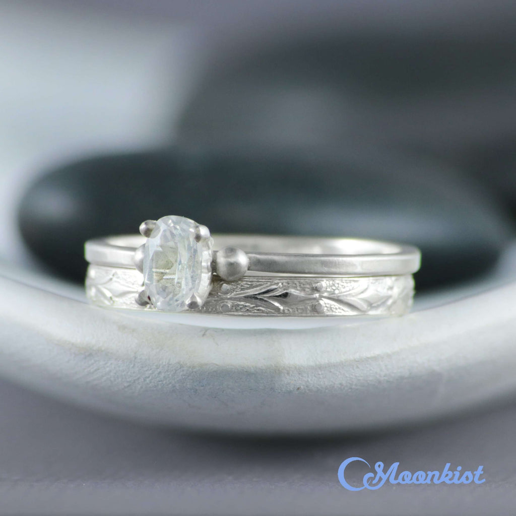 Simple Oval Engagement Ring Set with Textured Silver Band | Moonkist Designs