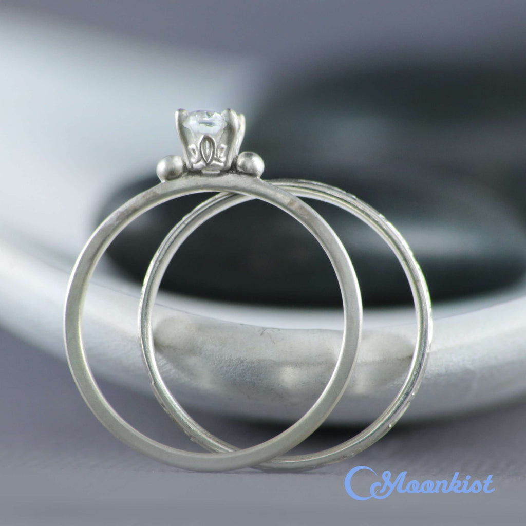 Simple Oval Engagement Ring Set with Textured Silver Band | Moonkist Designs
