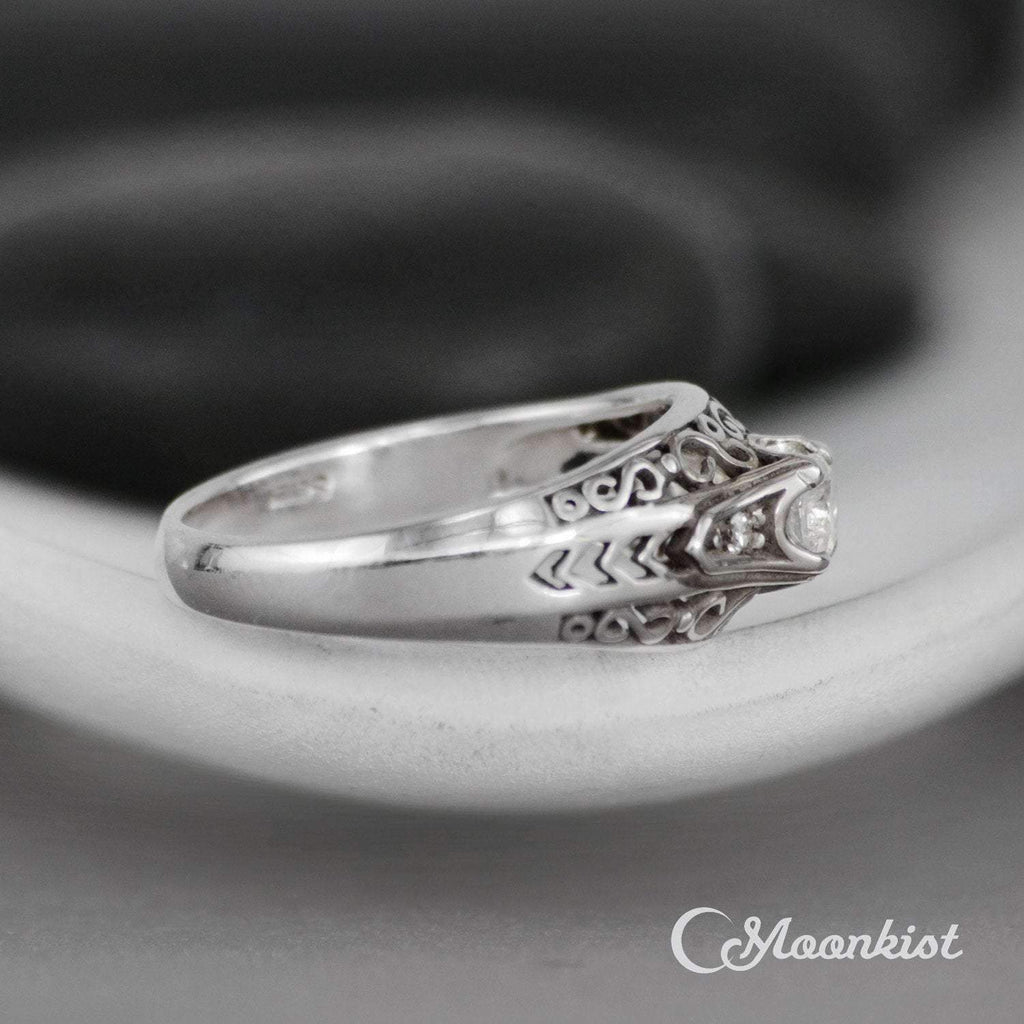 Three Stone Moissanite Filigree Engagement Ring | Moonkist Designs