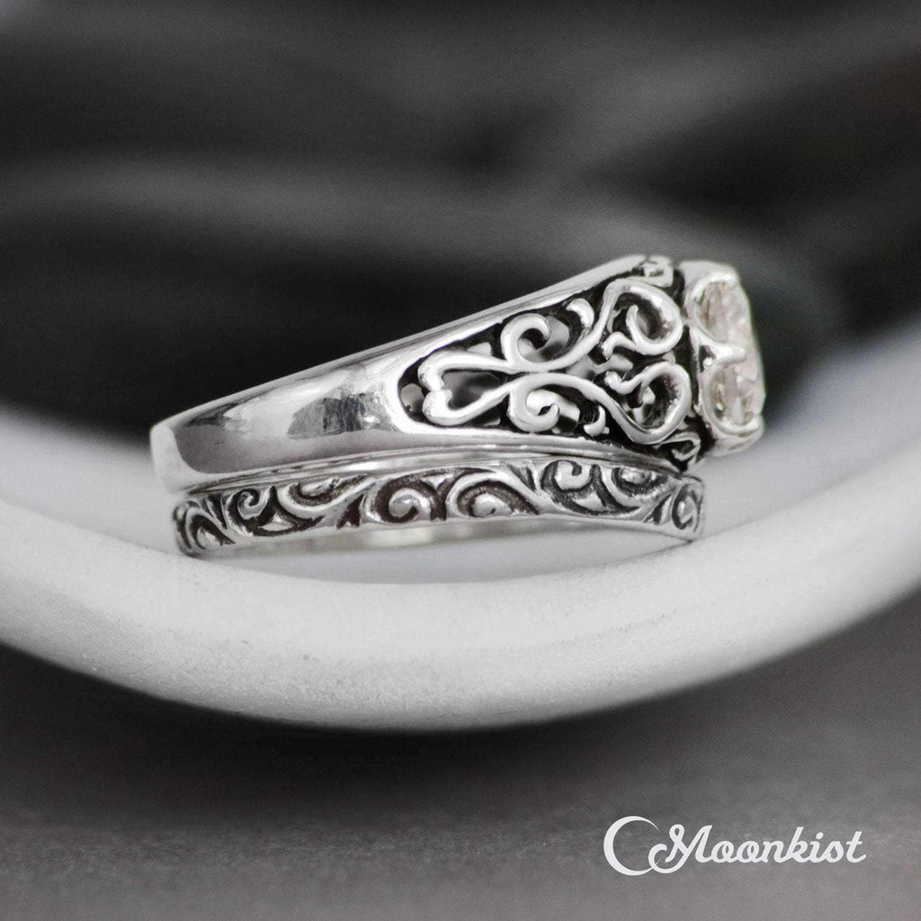 Vintage Inspired Filigree Engagement Ring with Curved Wedding Band | Moonkist Designs