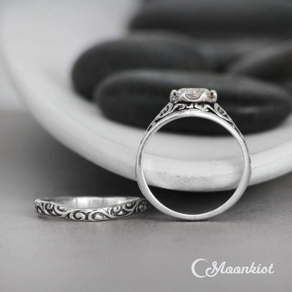 Vintage Inspired Filigree Engagement Ring with Curved Wedding Band | Moonkist Designs