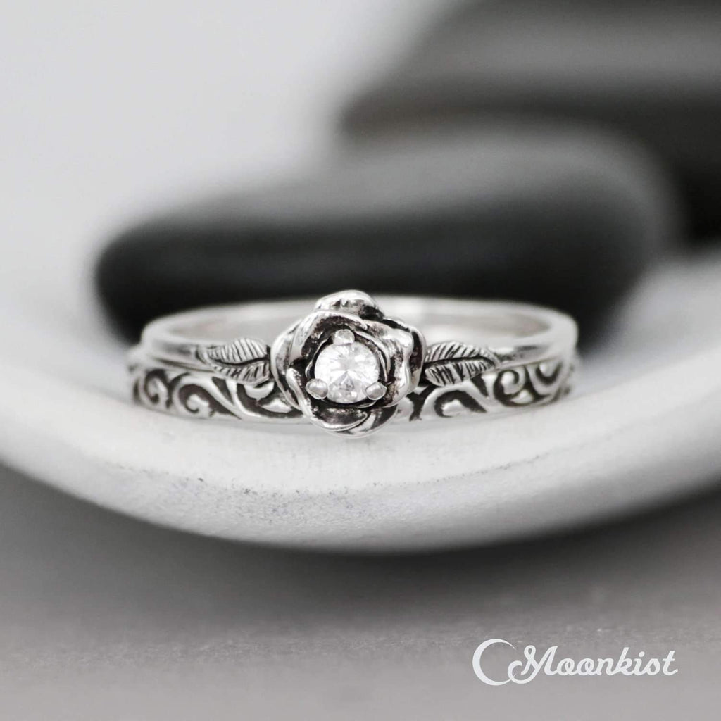 Vintage Inspired Floral Bridal Set with Patterned Wedding Band Ring | Moonkist Designs