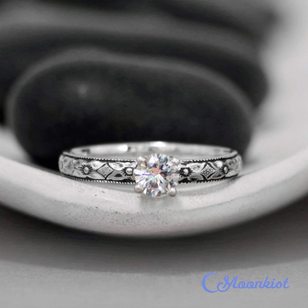 Vintage Round Cut Sterling Silver Engagement Ring | Moonkist Designs