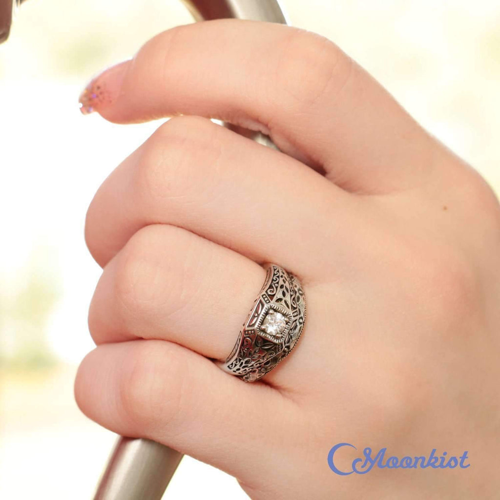 Vintage Style Edwardian Engagement Ring Set with Curved Band | Moonkist Designs