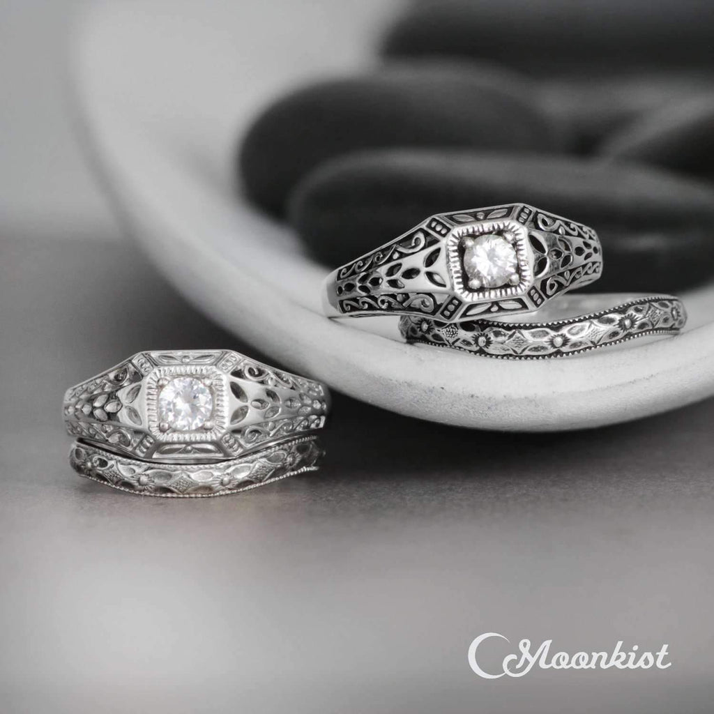 Vintage Style Edwardian Engagement Ring Set with Curved Band | Moonkist Designs