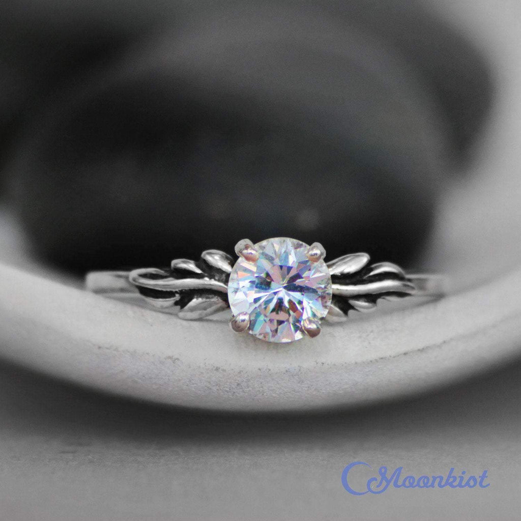 White Sapphire Leaf Engagement Ring | Moonkist Designs