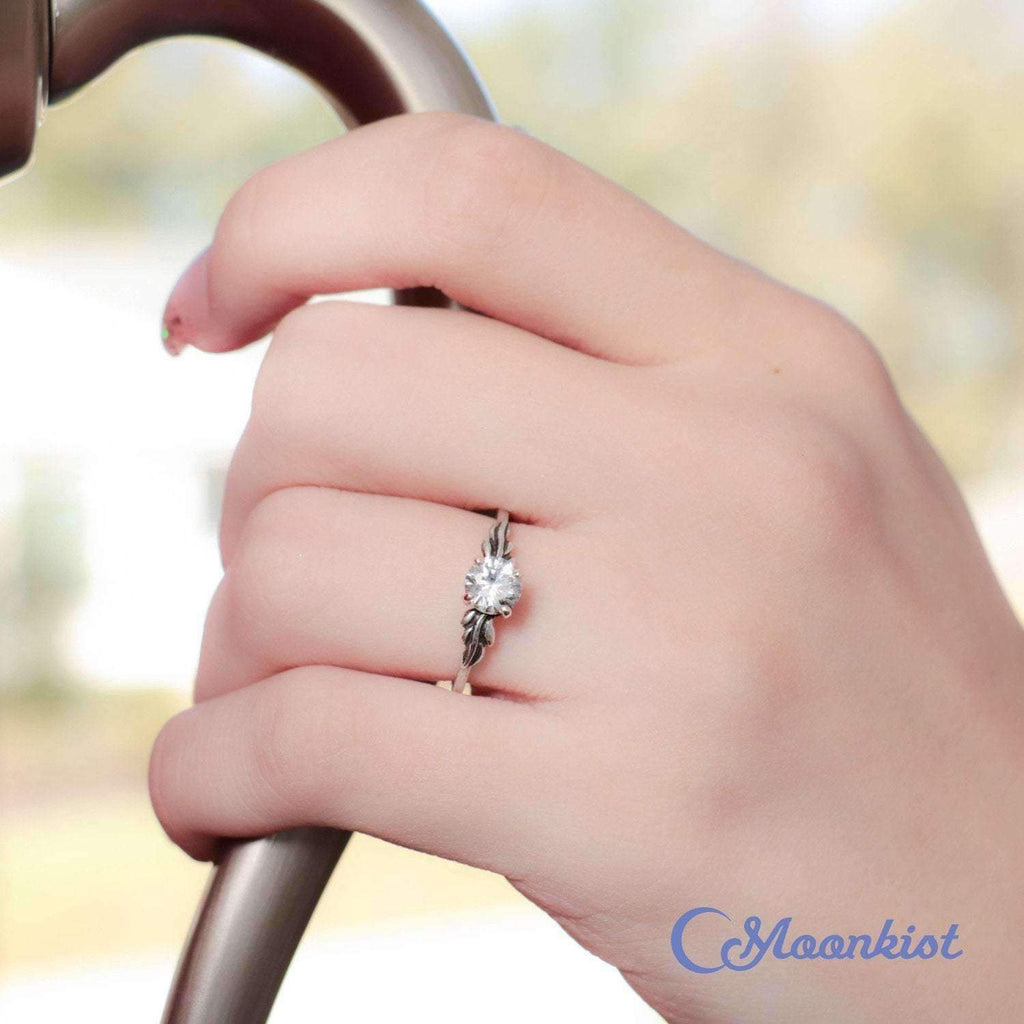 White Sapphire Leaf Engagement Ring | Moonkist Designs